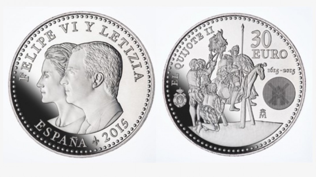 Anverso (izquierda) y reverso de la moneda conmemorativa del «Quijote».