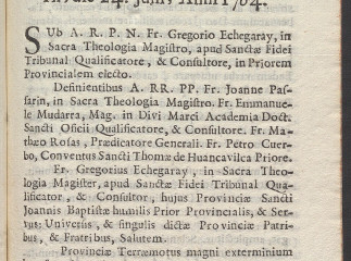 Acta capituli provincialis hujus Peruanae provincia, Sancti Joannis Baptistae, in hoc Conventu Titul
