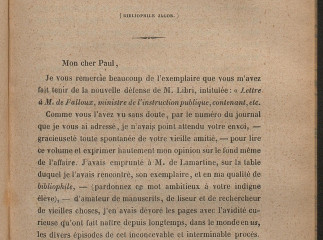 Lettre a M. Paul Lacroix (Bibliophile Jacob) contenant un curieux épisode de l'histoire des biblioth