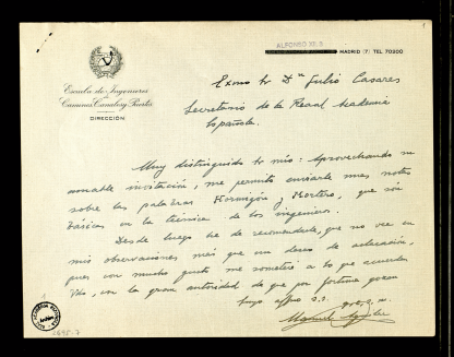 Carta de Manuel Aguilar López, director de la Escuela de Ingenieros de Caminos, Canales y Puertos, a Julio Casares, secretario