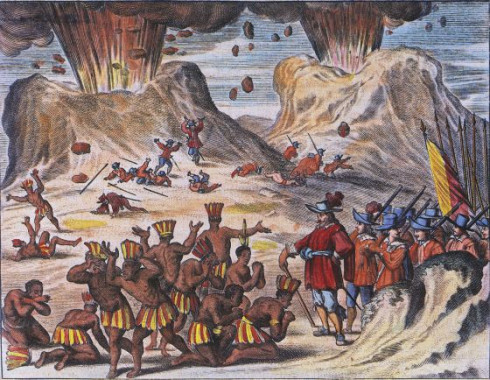 Grabado del siglo XVII que muestra a miembros de la tribu Tlaxcala implorando a Hernán Cortés (foto: El País)
