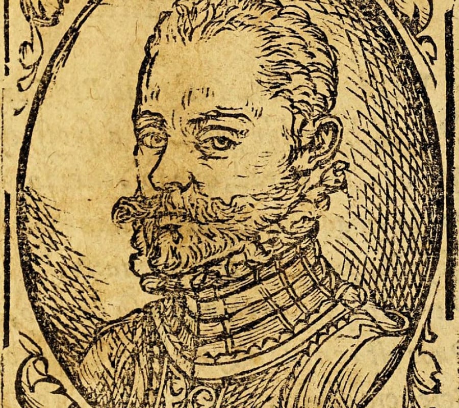 El autor, Alonso de Ercilla, en la edición de 1574 de «La Araucana» (foto: Wikimedia Commons)