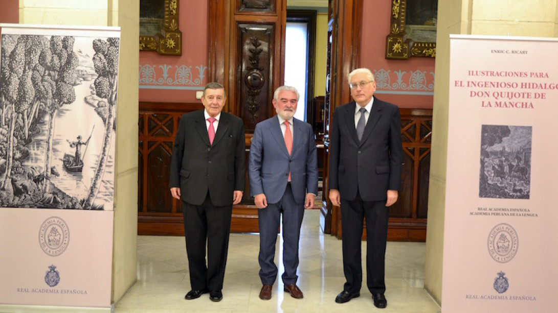 De izquierda a derecha: Rafael Roncagliolo Orbegoso, embajador de Perú en España; Darío Villanueva, director de la Real Academia Española, y Ricardo Silva-Santisteban, presidente de la Academia Peruana de la Lengua.