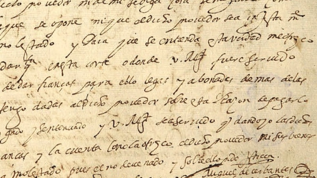 Manuscrito con la firma de Cervantes, fechado en 1592. Detalle.