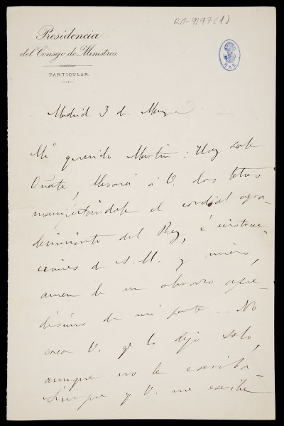 Carta de Cánovas, 3 de mayo de 1884, hoja 1